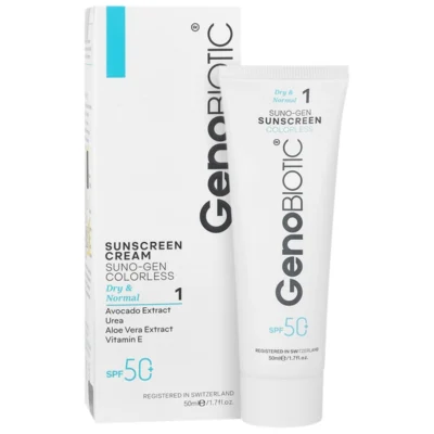 کرم ضد آفتاب پوست خشک ژنوبایوتیک بی رنگ SPF50 حجم 50 گرم